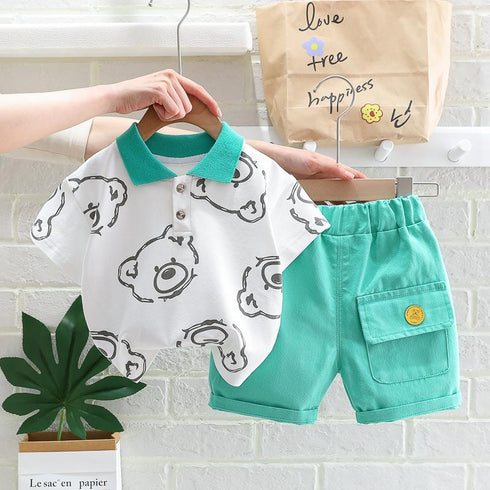 Lapel Over Print T-shirt Two Piece Set